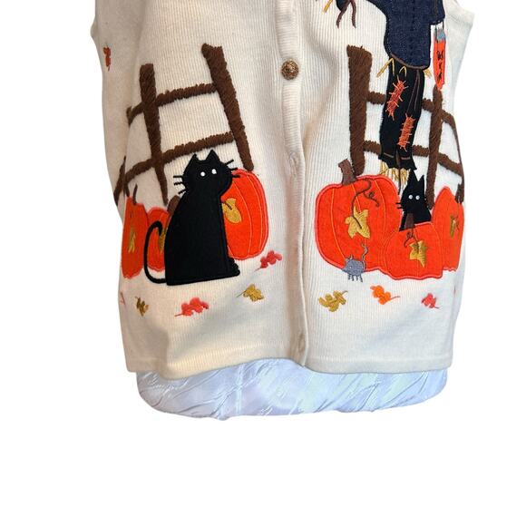Vintage White Orange Halloween Sweater Vest Womens Sz Large Pumpkin Black Cat - Picture 10 of 16